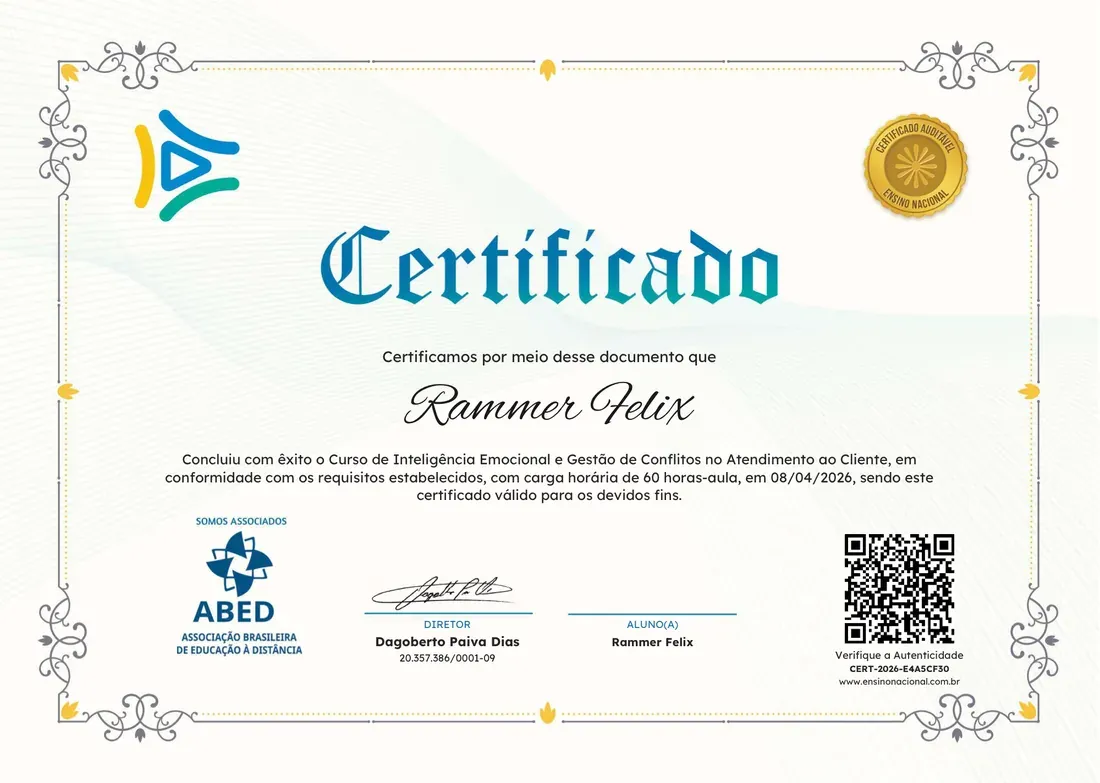 Certificado da Ensino Nacional: nome do aluno, curso concluído, carga horária de 60 horas-aula, assinatura da direção, selo de certificado auditável, logo da ABED e, no canto inferior direito, o QR code com o código de verificação