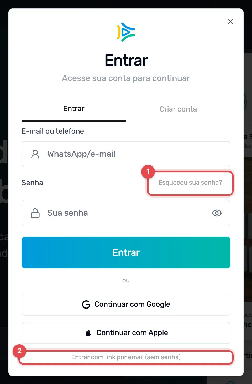 Janela "Entrar" da plataforma Ensino Nacional, com o campo E-mail ou telefone, o campo Senha e, destacados em vermelho, o link "Esqueceu sua senha?" (1) e a opção "Entrar com link por email (sem senha)" (2), abaixo dos botões Continuar com Google e Continuar com Apple